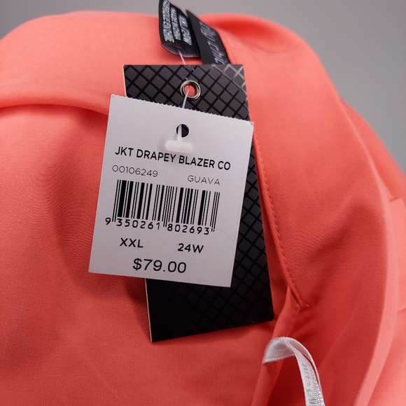 City Chic Blazer Jacket Mesh Sheer Elbow 3/4 Collar Open Front Orange-Pink 24W - Picture 5 of 6